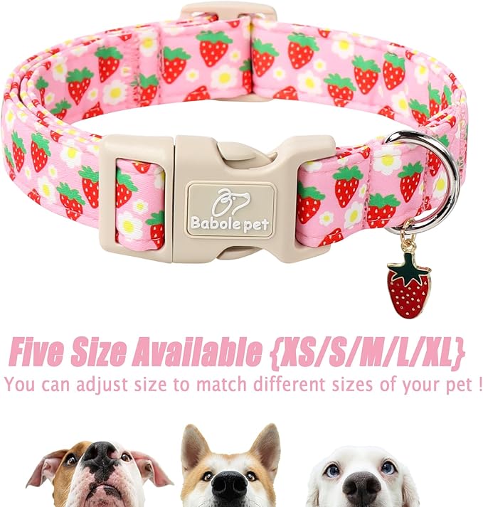 Cute Spring/Summer Dog Collar, Adjustable Pink Strawberry Dog Collars for Large Dogs, Lightweight Quick-Release Buckle Collar for Boy&Girl Dogs L