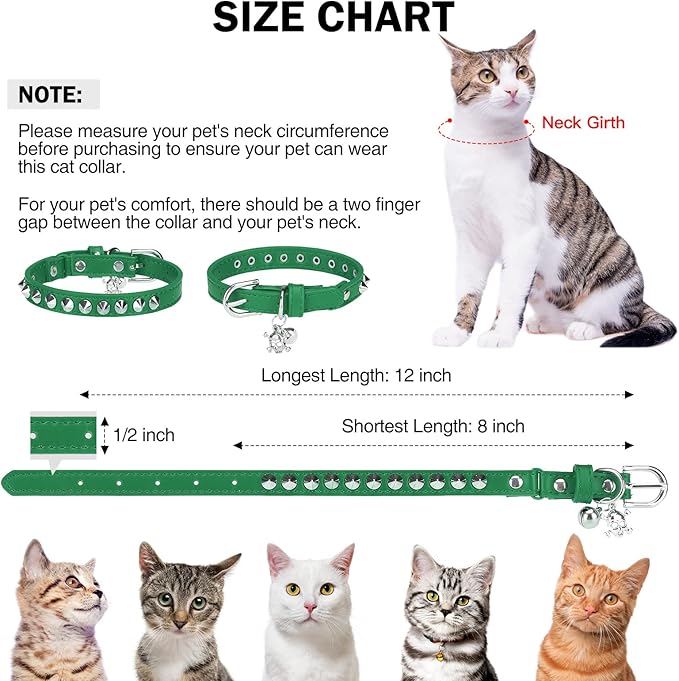 Leather Cat Collars for Boy Girl Cats with Bell and Safety Elastic Belt, Personalized Rivets Stud Adjustable Safe Buckle Collar with Skull Charm for Kitty Small Pets, Green