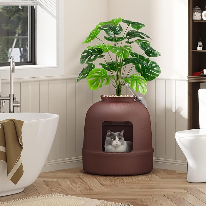 Lifewit Cat Litter Box, Hidden Enclosure Litter Tray with Odor Control & Carbon Filter in Living Room, Bedroom, Corner with Faux Plant& Plastic Scoop, 48 x 120 cm/19x47, Brown