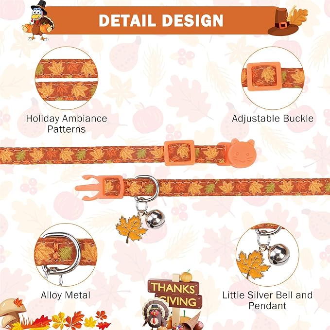 SCENEREAL Fall Cat Collar with Bell & Stylish Bowtie, Turkey Maple Leaf Pattern Breakaway Cat Collars Accessories for Boy Girl Small Cats, Holiday Thanksgiving Kitten Costumes for Female Male Pets