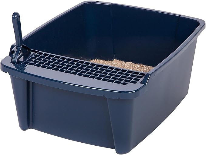 IRIS USA Cat Litter Box, Litter Box Enclosure with Scoop, Split Hood and Front Door Flap, Covered Kitty Litter Box for Privacy, Portable, Easy to Clean, Navy