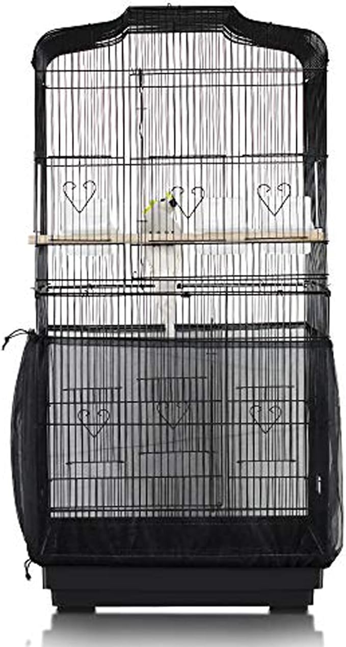 Bird Cage Seed Catcher, Large Airy Gauze Seeds Bird Cage Cover Guard Adjustable Bird Cage Cover Birdcage Seed Feather Catcher Universal Birdcage Parrot Bird Nylon Mesh Net Cover(L-118x16 in, Black)
