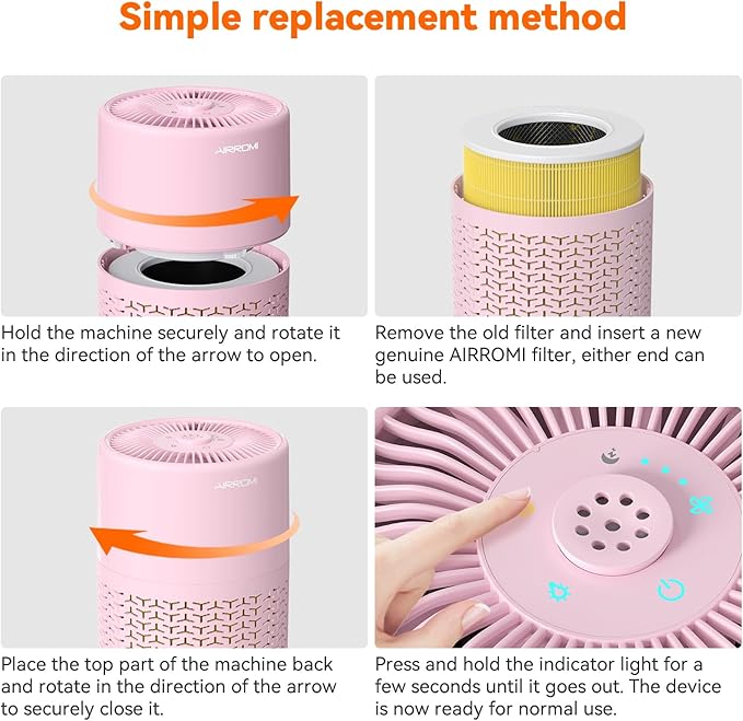 AIRROMI Pets Air Purifier for Home Allergies,Up to 660 ft². HEPA Deodorizing Activated Carbon Filter,With Fragrance Sponge for Better Sleep,Night Light,Pet Dander,Smoke,Odors,Air Cleaner A2002 Pink