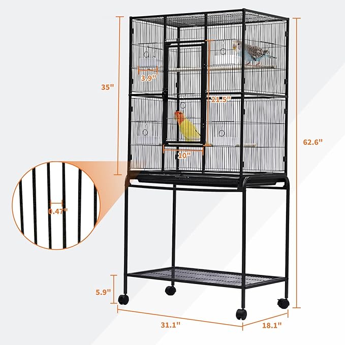 GarveeHome 62.6" H Large Bird Cage, Bird Cage with Rolling Storage Stands, Feed Bowls, Wide Tall Parrot Cage for Parakeets, Conures, Cockatiel, Cockatoo
