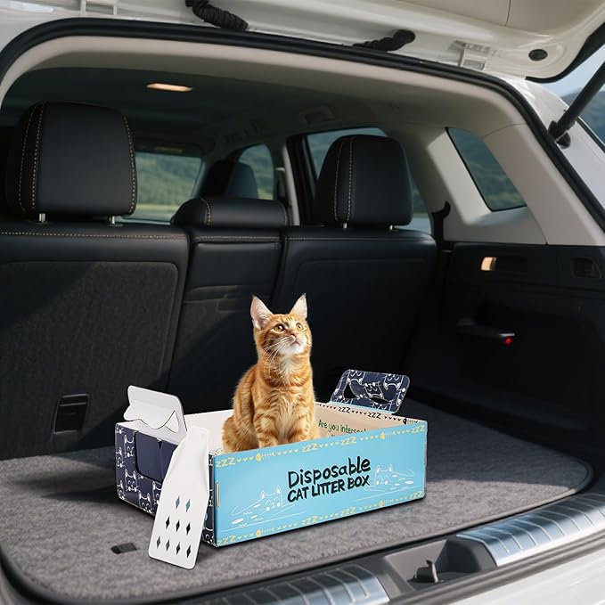 Hiceeden 8 Pcs Disposable Litter Box for Cats, 16.9" x 12.4" x 5.4" Travel Cat Litter Boxes with Disposable Scoops, Portable Cardboard Litter Box with Double Waterproof Coating, Blue