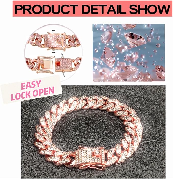 Dog Collar Cuban Link Rose Glod Crystal Dog Necklace Metal Chain Collar with Design Secure Buckle Pet Collar Jewelry Accessories for Small Medium Large Dogs Cats(Rose Glod 14inch)