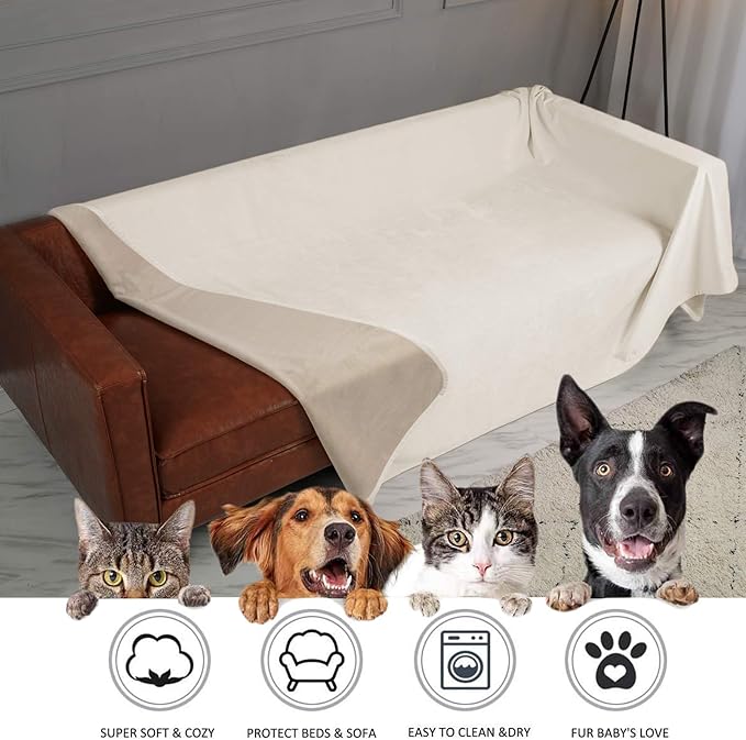 Ameritex Pet Bed Blanket Reversible 100% Waterproof Velvet Super Soft for Sofa and Bed (82x82 Inches, Cream+Beige)