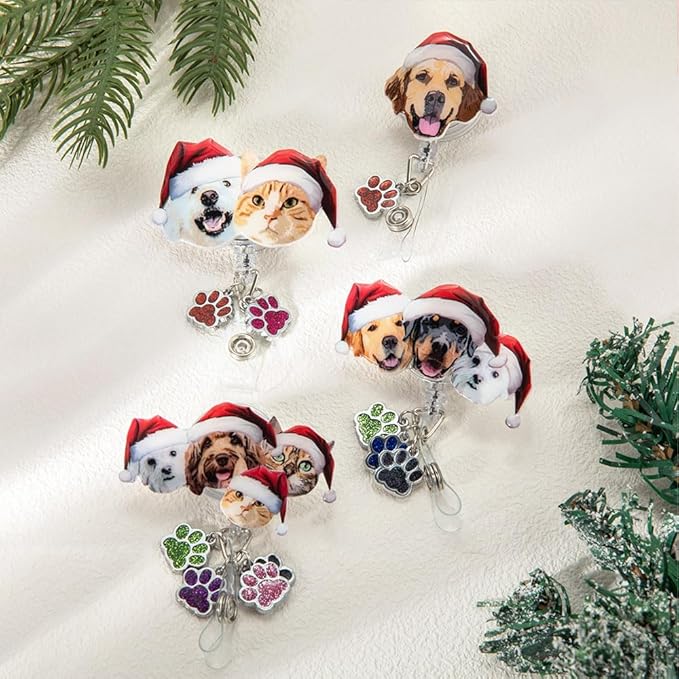 callie Personalized Christmas Pet Badge Reel - Custom 1-3 Dog Cat Photos, Christmas ID Badge Holder Retractable Clip with Paw Charm, Holiday Gift for Pet Lover Nurse Vet Doctor