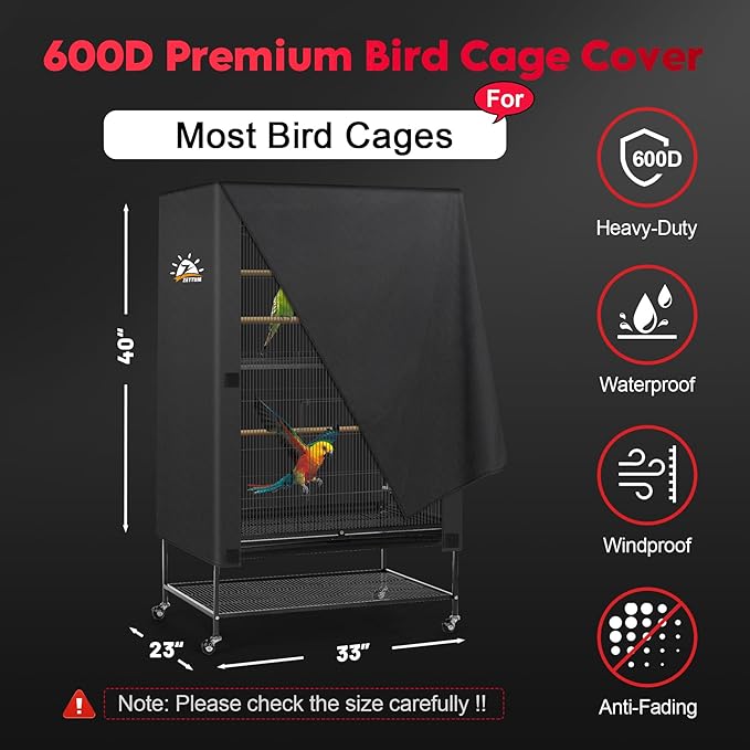 Zettum Bird Cage Cover - 600D Bird Cage Covers for Night Heavy Duty & Waterproof, Fade-Resistant Pet Bird Cage Cover Accessory for Parakeet, Parrot, Cockatiel and More Finches - 33 x 23 x 40 Inch