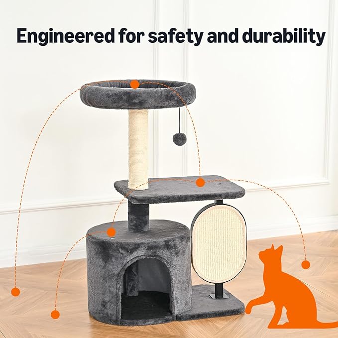Amazon Basics Cat Tree Tower, Solid Steel Frame with Removable Scratching Pad, Gray, 32 Inches