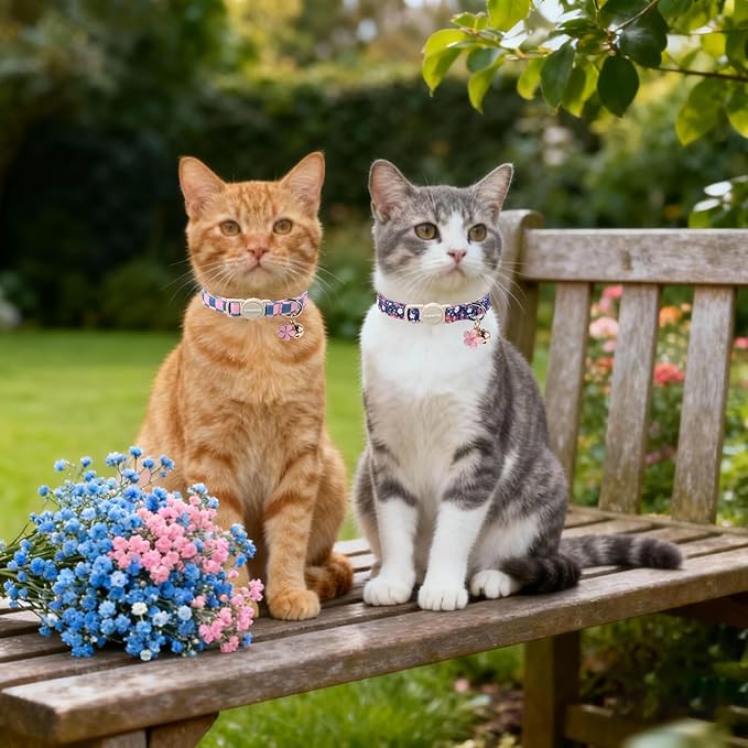 2 Pack Flower Cat Collars Breakaway with Bell, DOGWONG Safety Buckle Blue Plaid Cute Cat Collar for Girl Boy Cats，Adjustable 7-12 Inch