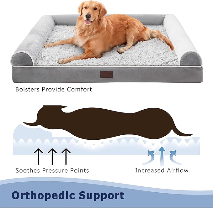 WESTERN HOME Dog Beds Large Sized Dog, Orthopedic Large Pet Bed with Waterproof Lining, Removable Washable Cover and Nonskid Bottom, Medium Couch, Grey