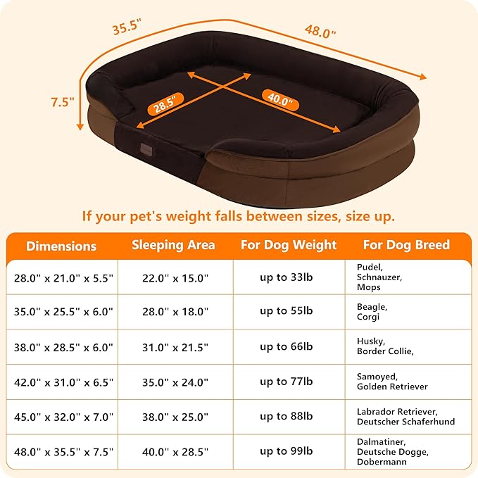 Dwanton Orthopedic Dog Bed for Extra Extra Large Dogs with Gel Memory Foam, Waterproof Dog Sofa, Washable Pet Bed with Four Sided Bolster Cushion, Removable Cover & Non-Slip Bottom, 48", Brown