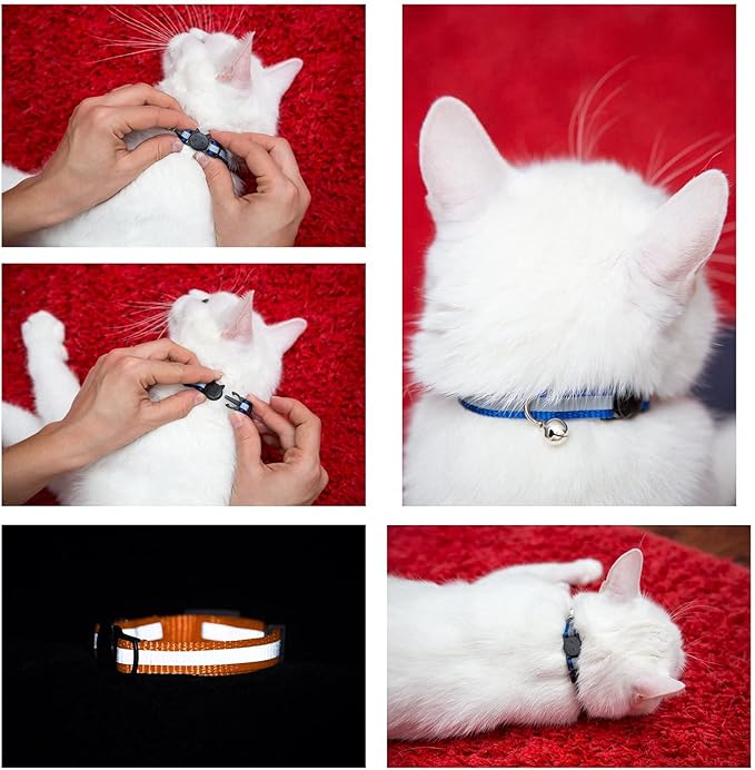 Reflective Cat Collar with AirTag Holders, Set of 6, with Bells, Solid & Safe Collars for Cats, Nylon, Mixed Colors, Pet Collar, Air Tag Holder, Breakaway Cat Collars Charms