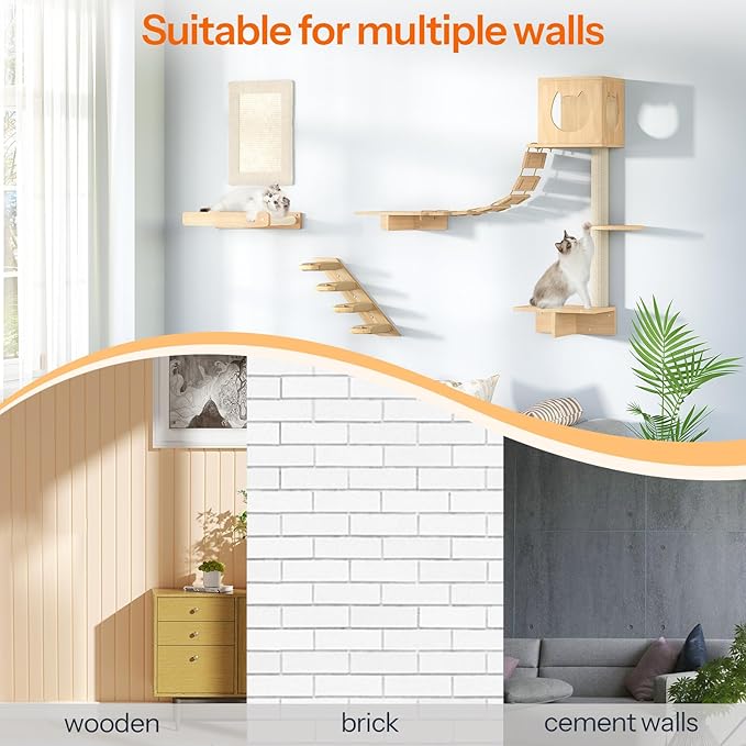 HOOBRO Wood Cat Wall Shelves, Set of 5 Modern Cat Wall Furniture with Corridor, Plush Hammock, Steps, Scratcher and Climbing Shelves for Playing, Sturdy, Durable and Safe, Natural NL45CS03