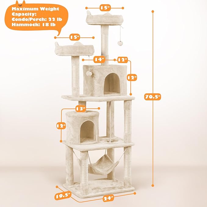 Yaheetech Cat Tower, 70.5in Cat Tree for Indoor Cats, Multi-Level Climbing Tree w/Condo & Plush Perches, Large Cat Play House Scratching Post for Kitten Beige