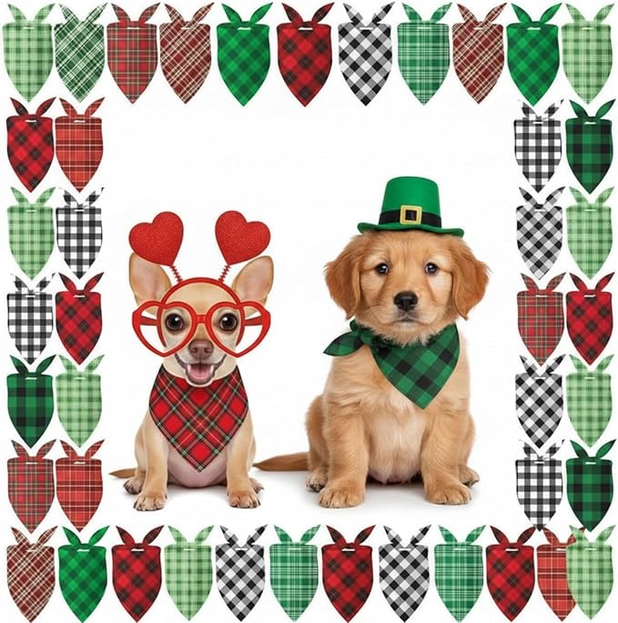 Weewooday 50 Pcs Valentine's & St. Patrick's Day Dog Bandanas Bulk Red & Green Plaid Bandanas for Dogs Soft Triangle Bibs Adjustable Scarf for Small Medium Large Pets(25.6 x 17.7 x 17.7 Inch)