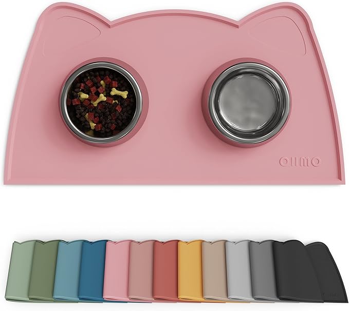 OHMO - Cat Food Mat, Silicone Pet Feeding Mat for Floor Non-Skid Waterproof Dog Water Bowl Tray, Easy to Clean Pet Placemat (Pink, 18 * 9.8'')