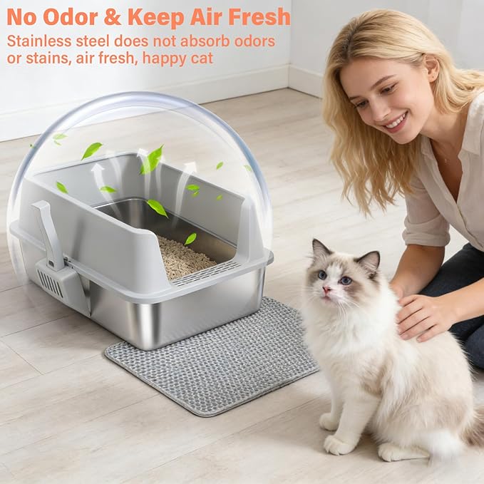 Stainless Steel Cat Litter Box with Lid, XL Metal Litter Box, Extra Large Litterbox for Big Cats, High Sided | Easy Cleaning | Odor-Free Includes Scoop and Mat