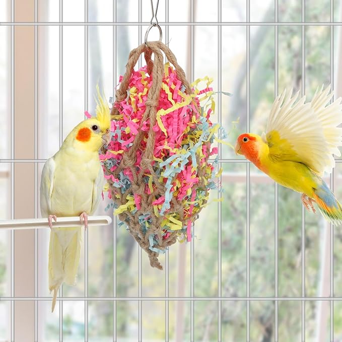 Wontee Bird Jute Paper Strips Parrot Mesh Bag Hanging Chewing Toy for Parakeet Cockatiel Conure Cockatoo African Grey Macaw