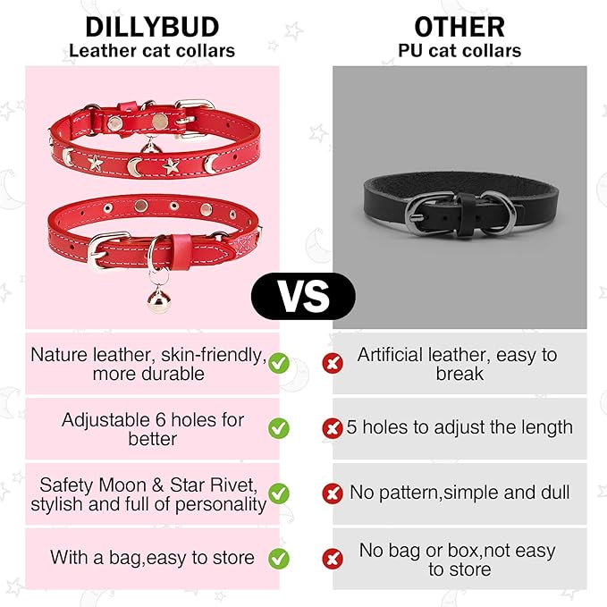 Leather Cat Collars for Boy Girl Cats with Bell and Safety Elastic Belt, Personalized Star and Moon Stud Adjustable Safe Buckle Collar for Kitty Small Big Cats Size 8-12 Inch, Red