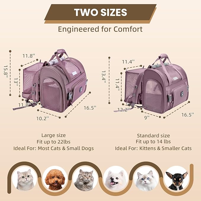 Lollimeow Expandable Cat Carrier Backpack for Large Cats - Airline Approved Pet Carrier Backpack for Small Dogs, Hiking & Travel, Waterproof with Breathable Mesh, 22lbs Capacity (Plum, Large)