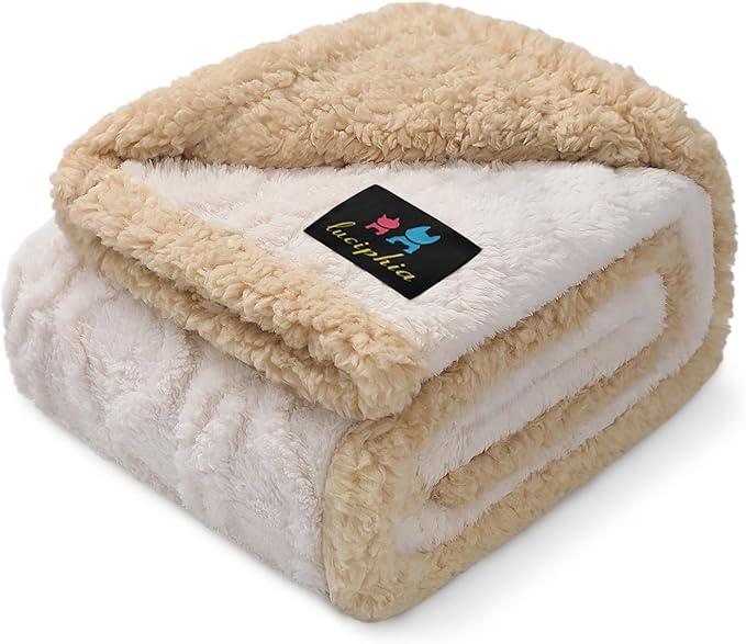 Luciphia Waterproof Pet Blanket, Liquid Pee Proof Dog Blankets for Sofa Bed Couch, Reversible Sherpa Fleece Furniture Protector Cover for Small Medium Large Dogs Cats,Beige-Thicken Medium（57" x 40"）