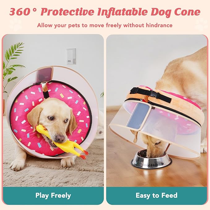 Inflatable Dog Cone with Anti-Licking Clear Shield, Protective Dog Donut Collar After Surgery, Adjustable Soft Recovery Cone for Pets, Alternative Collar with Buckle Strap (Pink, L)