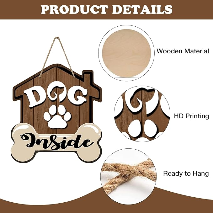 Dog Inside Front Door Sign, Doghouse Bone Paw Prints Wood Door Hanger Outdoor Outside Porch Decor, Farmhouse Wooden Wreath Indoor Wall Hanging Decoration Pet Owner Lover Gift