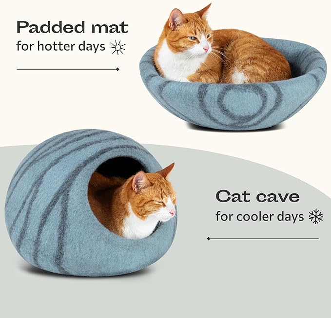 MEOWFIA Cat Cave – Premium Felt Cat Bed for Indoor Cats, Handmade Merino Wool (Aquamarine, Large)