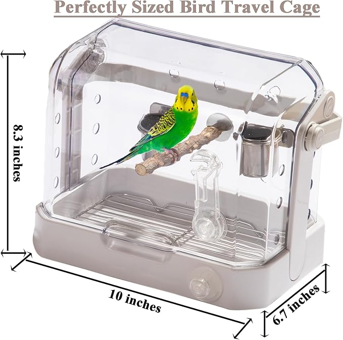Bird Travel Cage, 10×6.7×8.3 Inches Waterproof & Sturdy Pet Carrier with Perch & Food Bowls, Portable Cage for Budgies, Cockatiels, Lovebirds & Small Birds