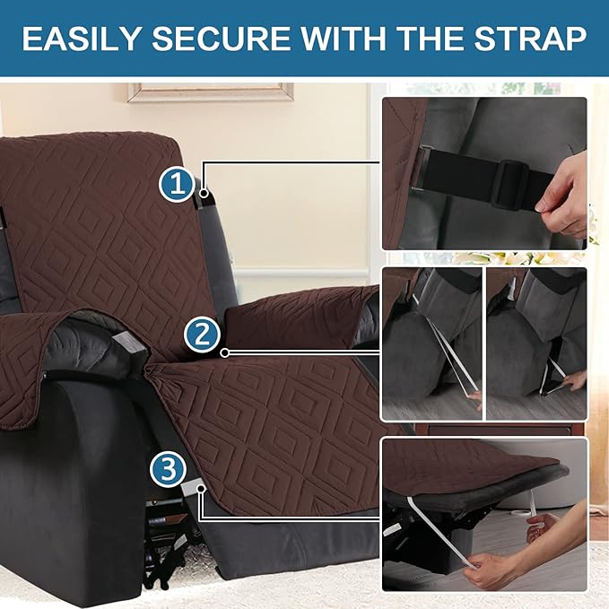 H.VERSAILTEX Reversible Quilted Recliner Covers Water Resistant Furniture Protector for Reclienr Chair with Elastic Straps for Pets Kids Sitting Width Up to 28"(Oversized Recliner, Brown/Beige)