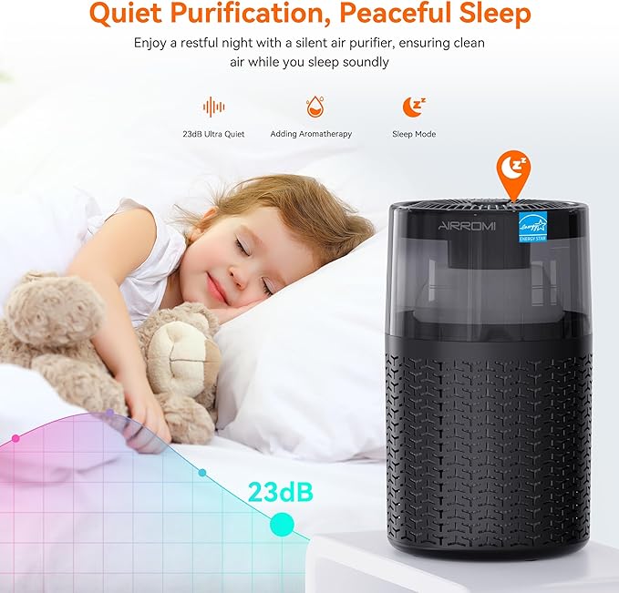 AIRROMI Pet Air Purifier for Home & Bedroom, HEPA Activated Carbon Filter, Removes Pet Dander & Odor, Allergies, Smoke, Hair, Night Light, Fragrance Sponge, Up to 658 ft², A2002 Black