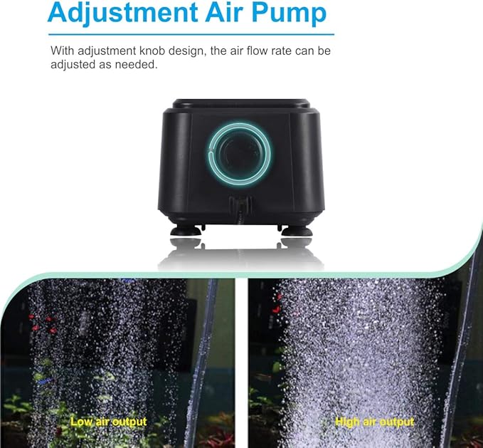 hygger Quiet <30dB Aquarium Air Pump, Adjustable Low Decibel Oxygen Fish Tank Pump 2 Air Outlets Ultra Silent Powerful Aerator Pump with Accessories Max 80GPH/160GPH/255GPH(5W, Up to 150Gallon)