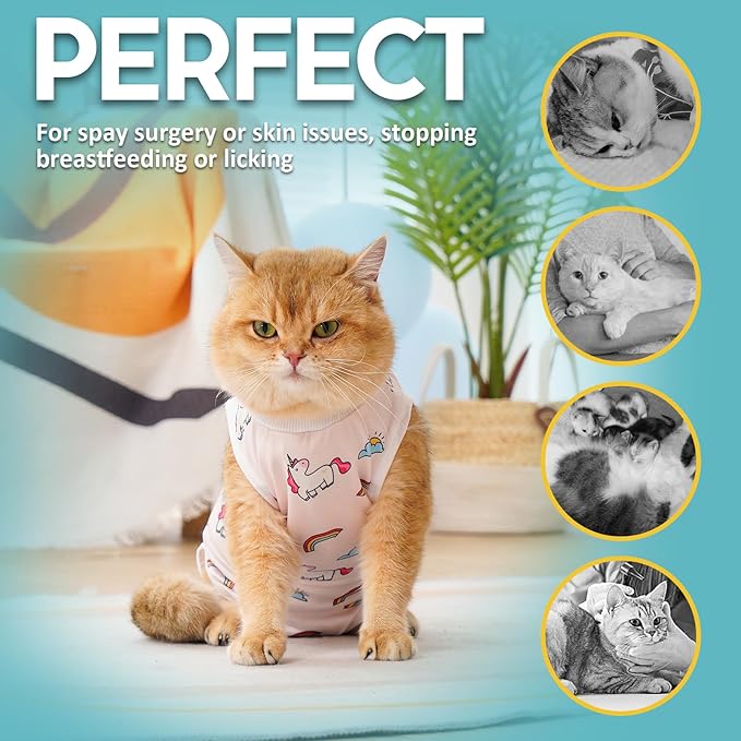 Avont Cat Recovery Suit - Kitten Onesie for Cats After Surgery, Cone of Shame Alternative Surgical Spay Suit for Female Cat, Post-Surgery or Skin Diseases Protection -Rainbow(M+)