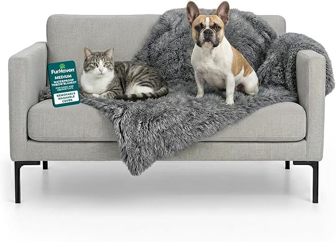 Furhaven Waterproof Throw Blanket for Dogs & Indoor Cats, Washable - Shaggy Plush Calming Long Faux Fur & Velvet Dog Blanket - Gray, Medium