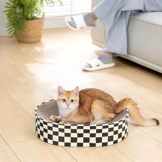 Cat Scratcher Cardboard, 2-in-1 Oval Scratching Pad & Lounge Bed, High-Density Corrugated Board with Enclosed Bottom to Catch Debris, Furniture Protector for Indoor Cats & Kittens
