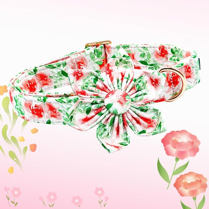 Lionheart glory Dog Collar Flowers Collar Floral Dog Collar with Flower Spring Summer Cute Collar Dog Boy or Girl Dog Collars Soft Durable Adjustable Dog Collars for Small Dogs, Red Roses