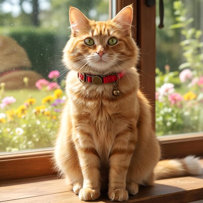 Red Cat Collar, Breakaway Leather Cat Collar Adjustable Red Kitten Collars with Bell Quick Release Buckle for Most Cats and Kittens