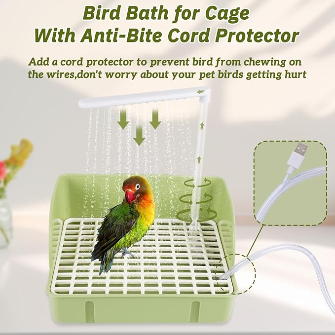 Automatic Bird Bath with Pump, Parrot Bathtub with Anti-Bite Cord Protector, USB Electric Large Bird Bathtub Circulating Water Bird Shower for Parakeet Cockatiel African Grey Lovebird(Green)