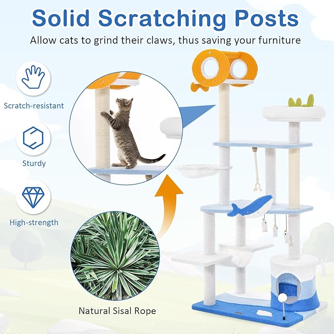 Tangkula Ocean-Themed Cat Tree, 3-Level Cat Tower with Sisal Scratching Posts, Condo, Perch, Hammock, Dangling Toys, Spring Ball, Sisal Rope, Cute Cat Activity Center for Indoor Cats (66 Inch)