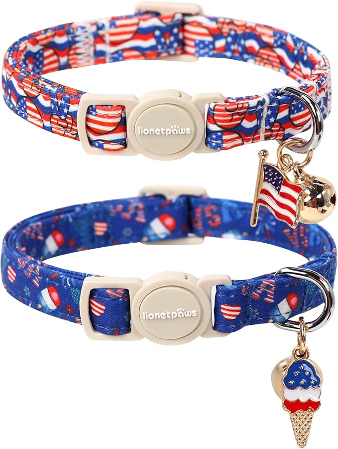Lionet Paws 2pcs Pack 4th of July Cat Collar,Summer Cat Collars with Popsicle and USA Pattern,Cute Adjustable Cat Collar for Girl Boy Cats