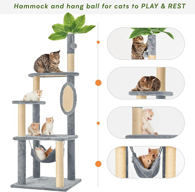 Cat Tree for Indoor Cats, 55 Inch Cat Tower with Rotating Scratching Board, 4 Sisal Posts & Leaf Top Design, Modern Cat Furniture for Multiple Cats (No House), Grey