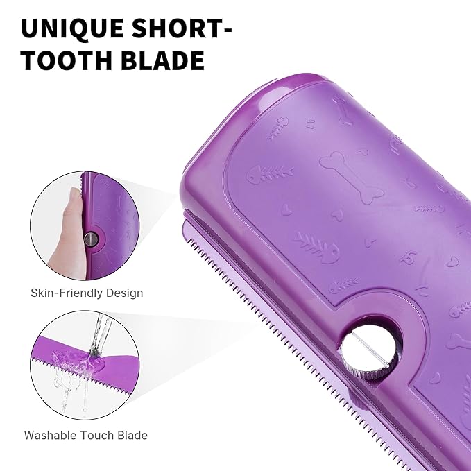 Multi-Pet Deshedding Brush & Shedding Blade for Dogs & Cats, Undercoat Grooming Tool for Short & Medium Fur and Double Coats, Replaceable Metal Blade, Ergonomic Handle, Purple