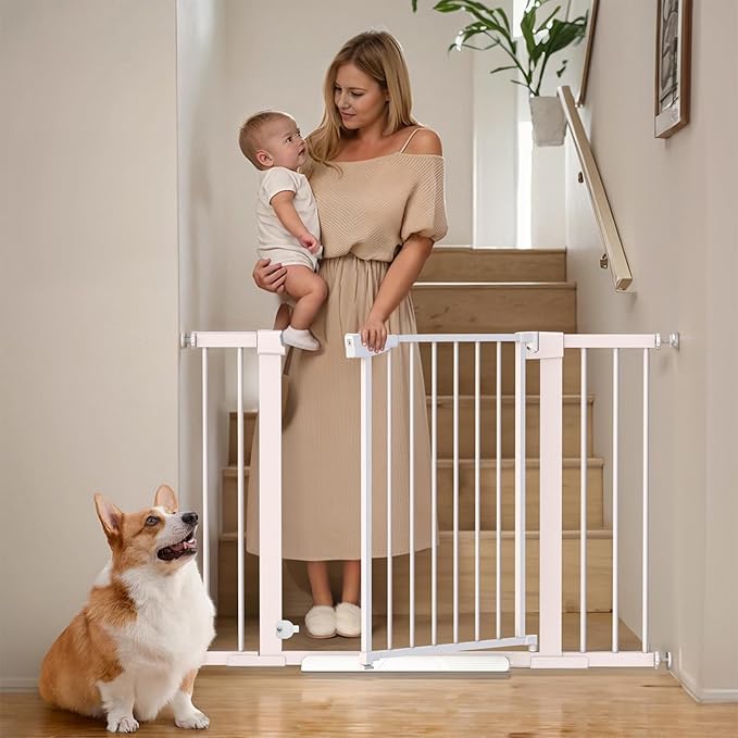 Mumeasy 29.6-46" Baby Gate for Stairs, Pressure Mounted Dog Gate for Doorways, Auto Close Pet Gate for Indoor Use, Extra Wide Child Gate with Walk Thru Door White, Mom's Choice Awards Winner