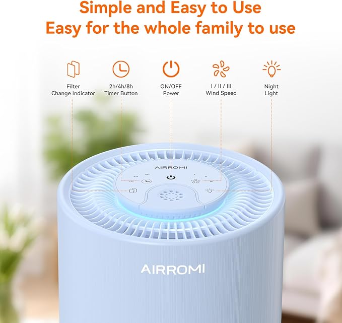 AIRROMI Air Purifier for Bedroom with HEPA 3-in-1 Filter, Pet Air Purifier for Home Cat Pee Smell, Covers Upto 990 Ft², Quiet 360° intake Air Cleaner for pet hair,allergies,Dust,Smoke A2001 Blue