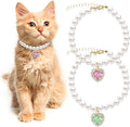2PCS Kitten Collars Pearl Cat Dog Collar with Small Heart Shape Rhinestone, Cat Collars for Girl Cats, Adjustable Dog Pearl Necklace Collar for Small Dogs and Cats, Pink + Green