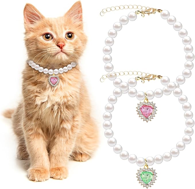 2PCS Kitten Collars Pearl Cat Dog Collar with Small Heart Shape Rhinestone, Cat Collars for Girl Cats, Adjustable Dog Pearl Necklace Collar for Small Dogs and Cats, Pink + Green