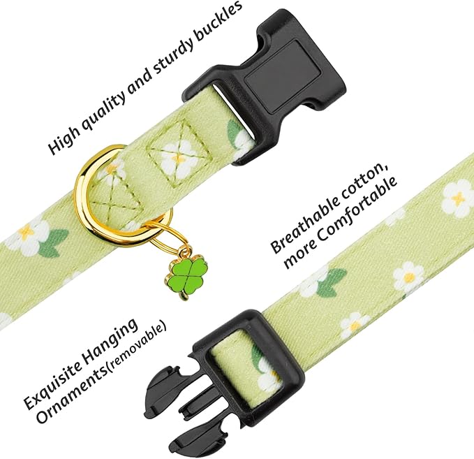 Cotton Handmade Dog Collar Cute and Distinctive Patterns Green Flower with Pendant for Girl Boy Dogs Collars S