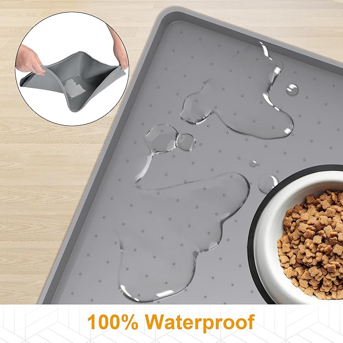 Mofason Pet Food Mat Waterproof Dog Mat 24”x16” Large – 0.5” inch Raised Edge,Pet Silicone Feeding Placemat Water Bowl Tray for Floors, Nonslip Washable Dog Mat for Food and Water